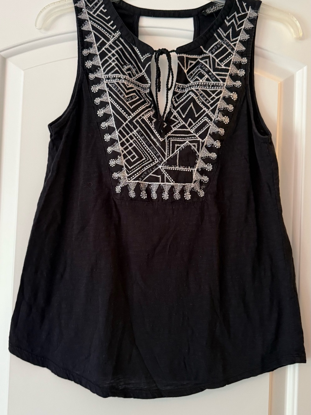 Lucky Brand Black Tank with White Geometric Embroidery and Tie Neck
